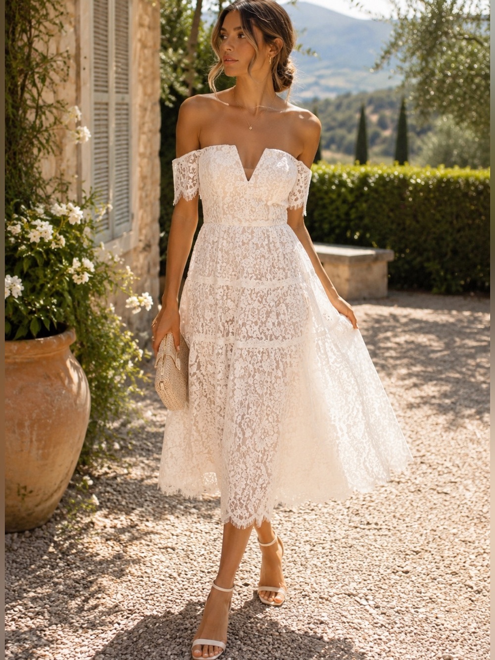 Lulus White Lace Midi Dress | Romantic Bridal Shower Engagement | Cottagecore